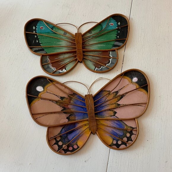 Vintage Other - Vintage Boho Hand Painted Fabric Bamboo Butterfly Wall Hangings Set of 2